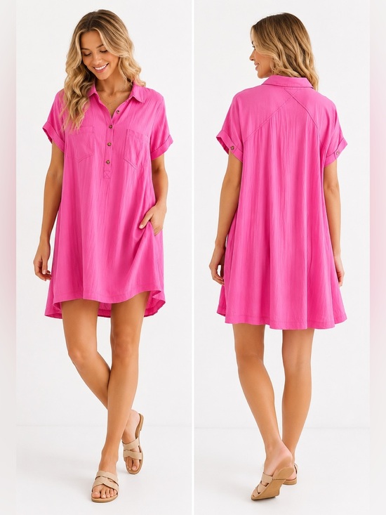 Umgee Dresses & Skirts - UMGEE Bright Pink Mini Dress Short Sleeve Collar Size Small